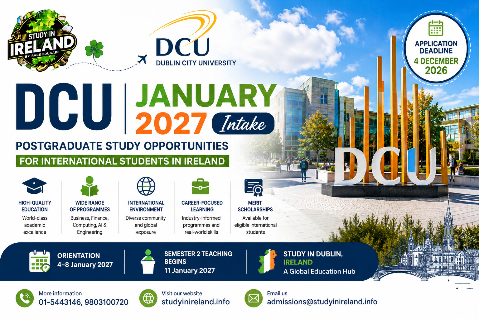 DCU January 2027 Intake: Postgraduate Opportunities for International Students